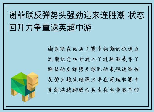 谢菲联反弹势头强劲迎来连胜潮 状态回升力争重返英超中游