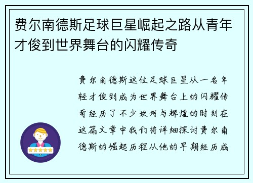 费尔南德斯足球巨星崛起之路从青年才俊到世界舞台的闪耀传奇