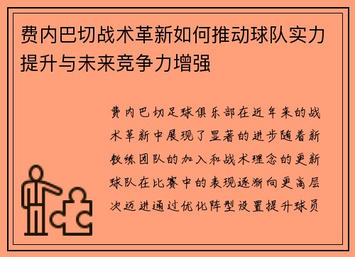 费内巴切战术革新如何推动球队实力提升与未来竞争力增强 费内巴切战术革新如何推动球队实力提升与未来竞争力增强